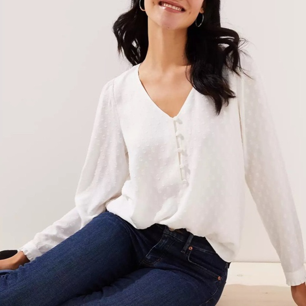 NWT Loft white clip dot V-neck blouse